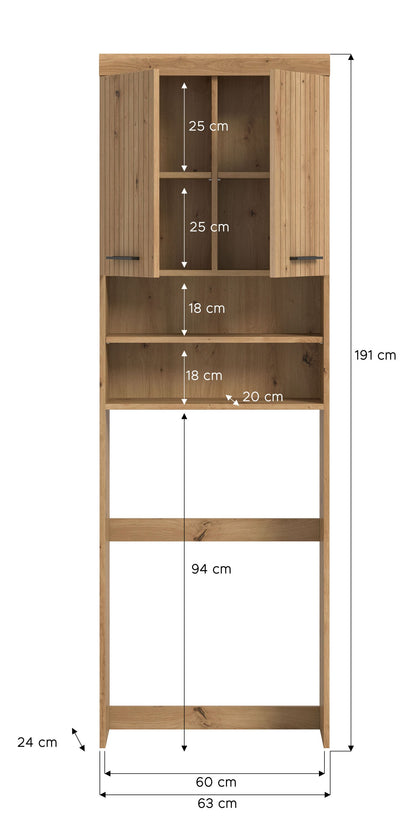 Waschmaschinenüberbau mit Ablagefächer, Holzoptik, offene Fächer und Ablage über der Maschine