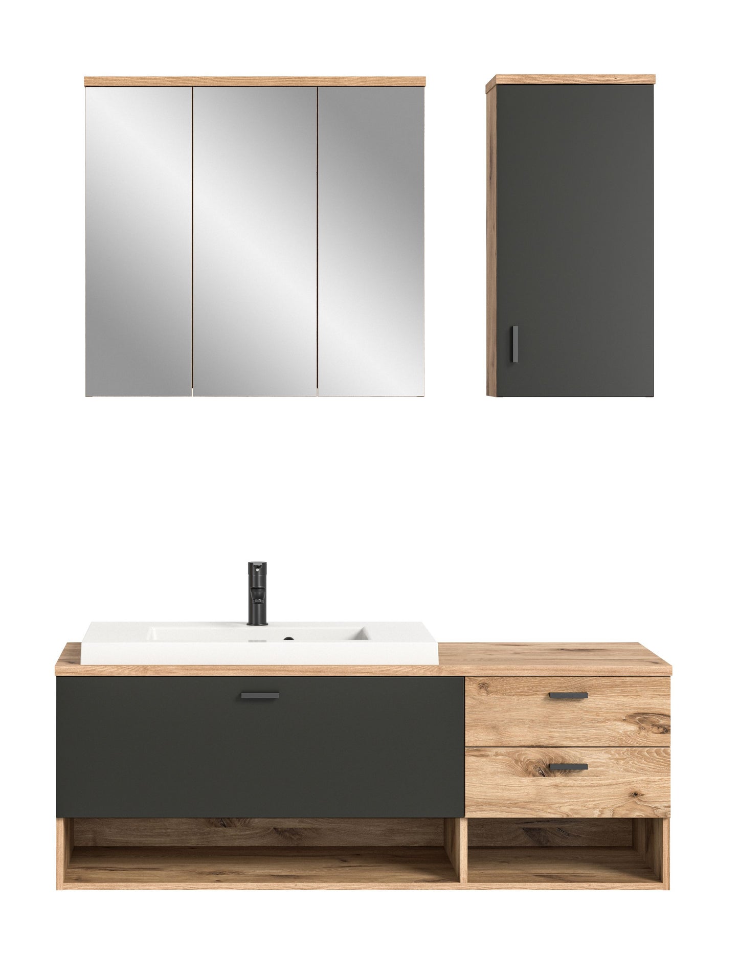 Badmöbel-Set mit Waschtisch und Waschbecken sowie Spiegelschrank und Hochschrank, Holzoptik.