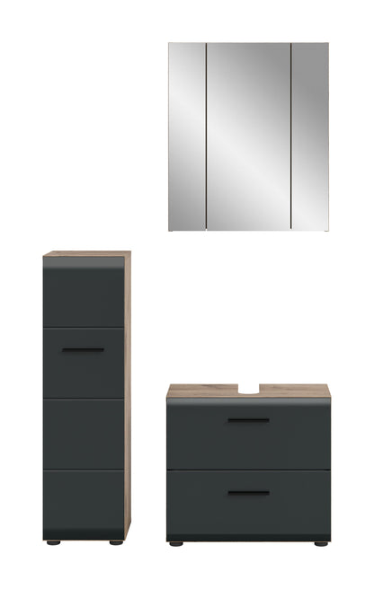 Badmöbel-Set in Dunkelgrau mit Spiegel, Hochschrank und Waschkommode