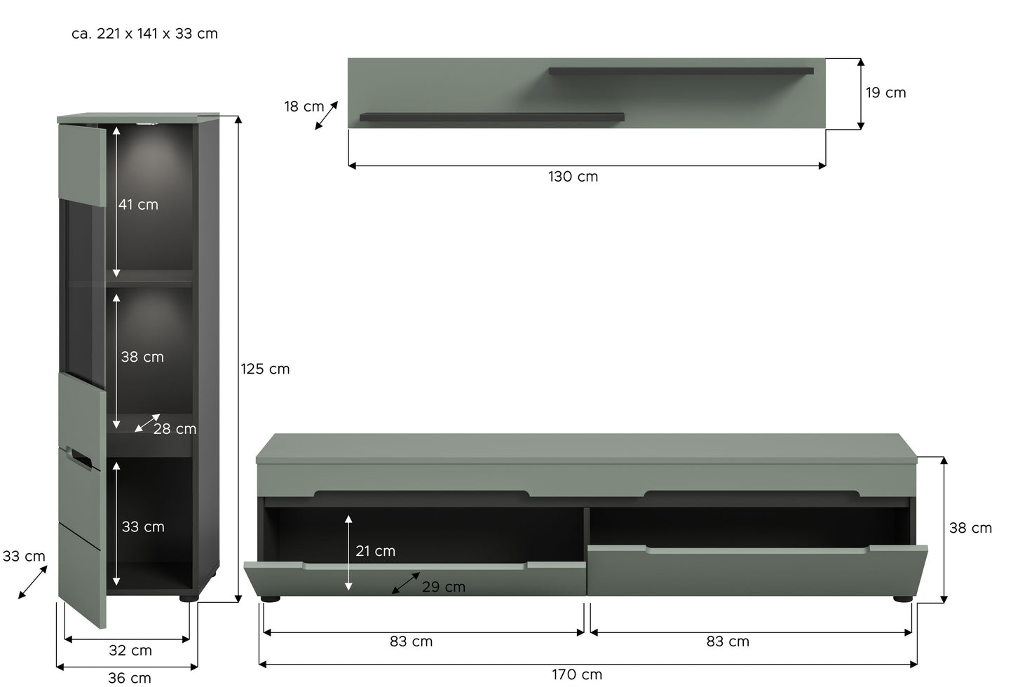 Ensemble mural incluant l'éclairage CANU (L/H/P : env. 221/141/33 cm) en gris basalte/vert fumé