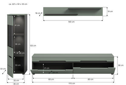 Ensemble mural incluant l'éclairage CANU (L/H/P : env. 221/141/33 cm) en gris basalte/vert fumé