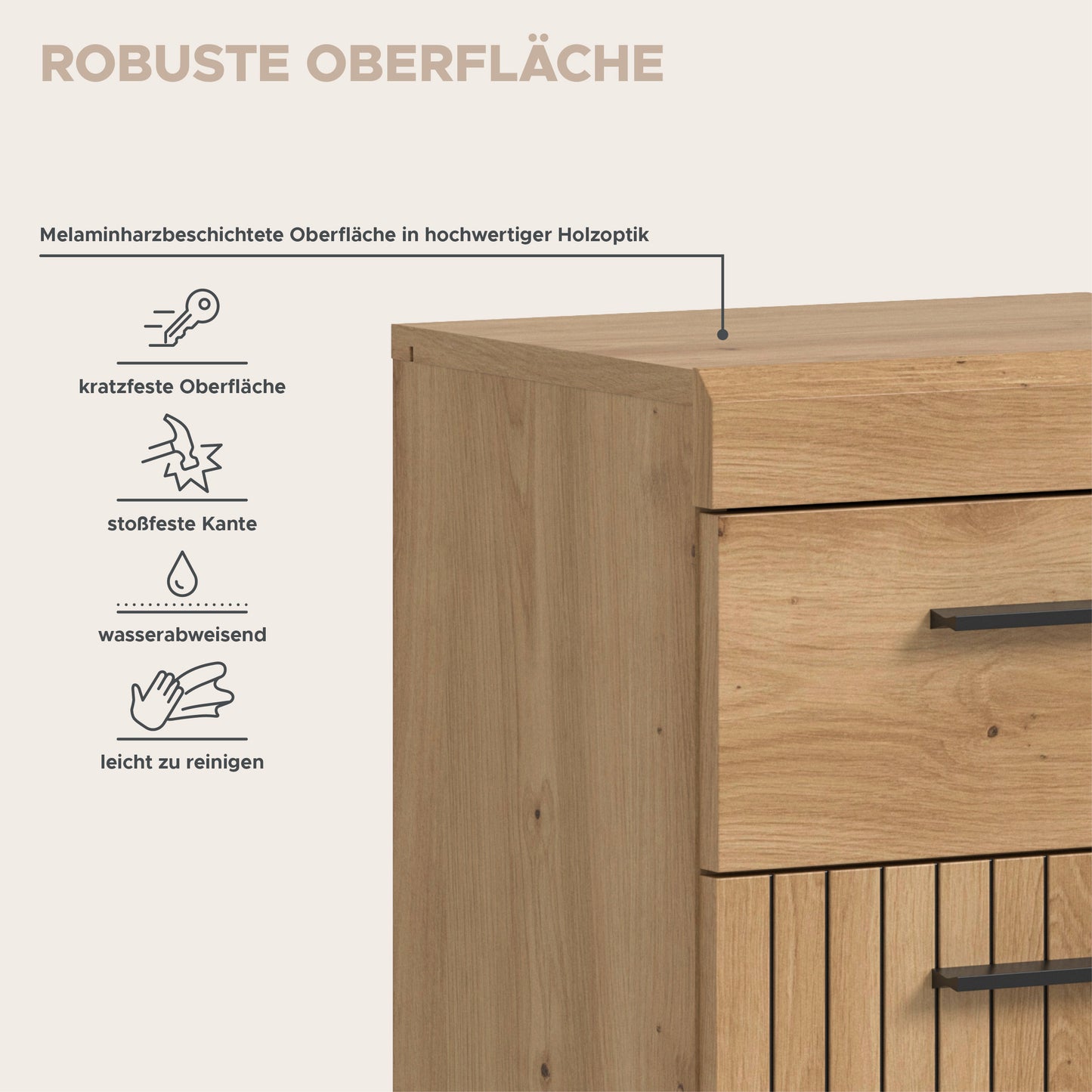 Homes & Jones Badkommode: melaminbeschichtete Oberflächen in Holzoptik, Schubladenvorderseite