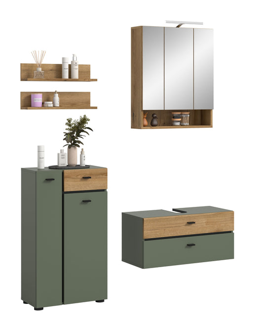 Ensemble de salle de bain avec éclairage AQUA (L/H/P : env. 141/191/35 cm) en vert sauge/vert sauge