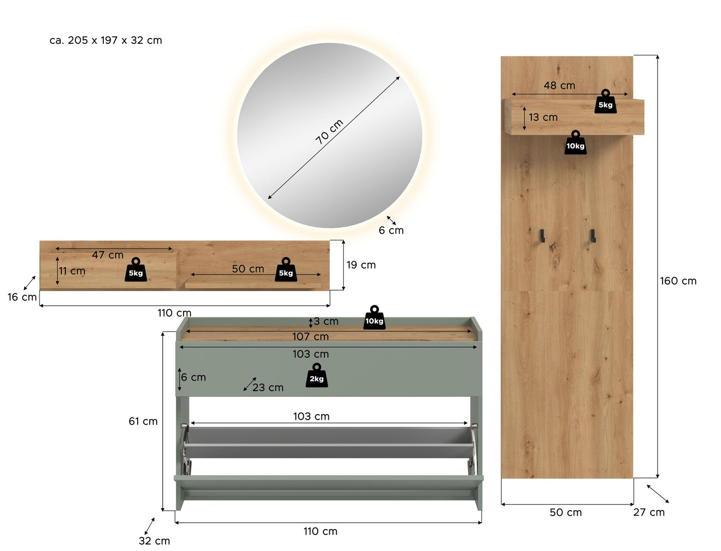 Homes & Jones Garderobe 4-tlg. inkl. Beleuchtung, Dielenmöbel-Flurmöbel