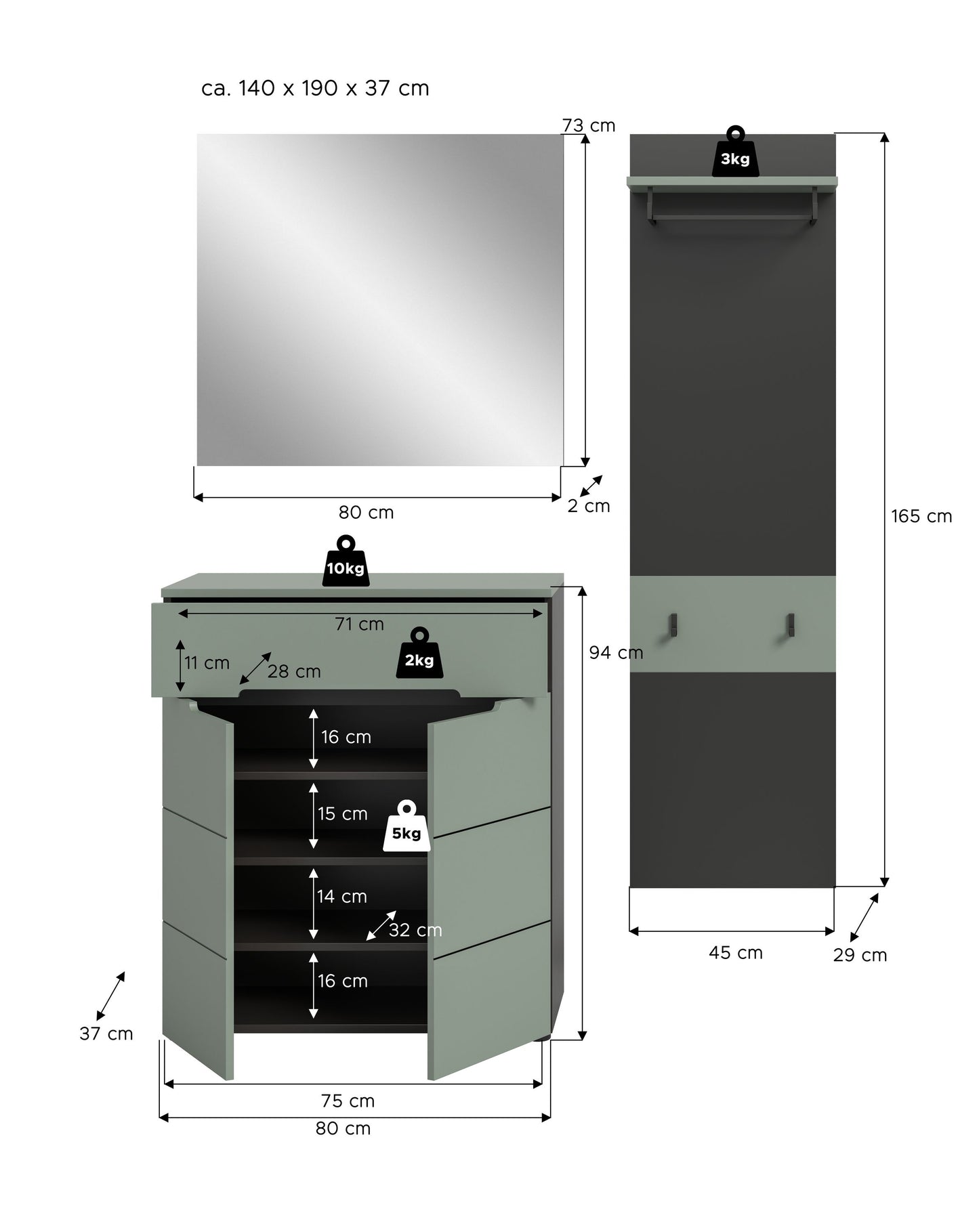 Ensemble de vestiaire CANU (L/H/P : env. 140/190/37 cm) en gris basalte/vert fumée