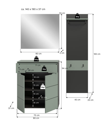 Ensemble de vestiaire CANU (L/H/P : env. 140/190/37 cm) en gris basalte/vert fumée