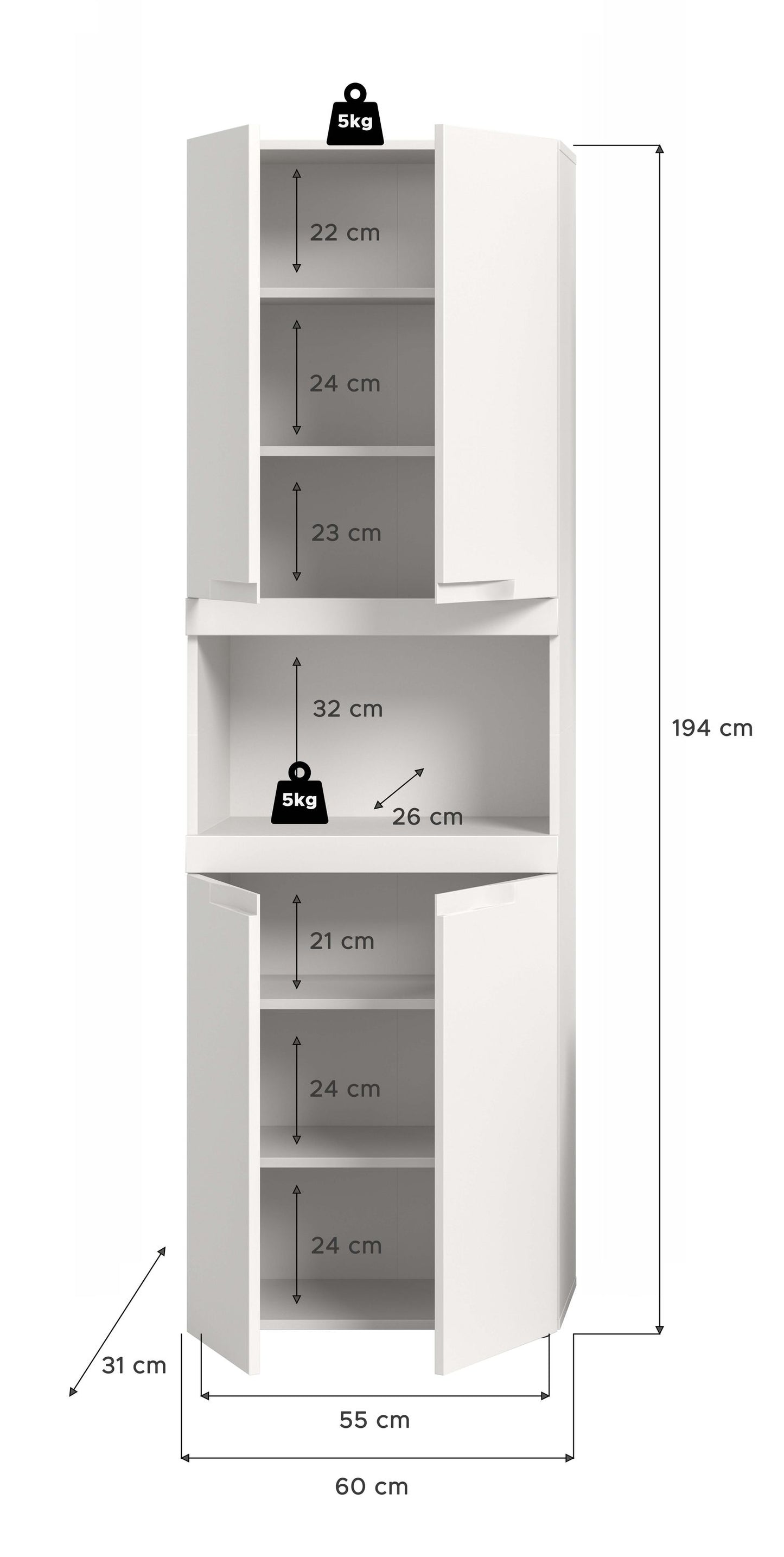 Viana Hochschrank breit (B/H/T: 60x194x31 cm) in Weiß matt und Weiß