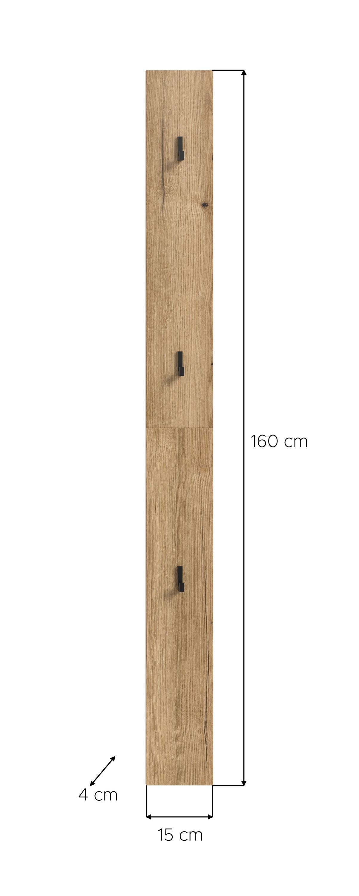 Holz-Hakenpaneel, 160 cm hoch, 15 cm breit, mit vier schwarzen Haken