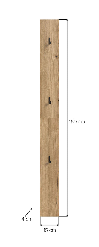 Holz-Hakenpaneel, 160 cm hoch, 15 cm breit, mit vier schwarzen Haken