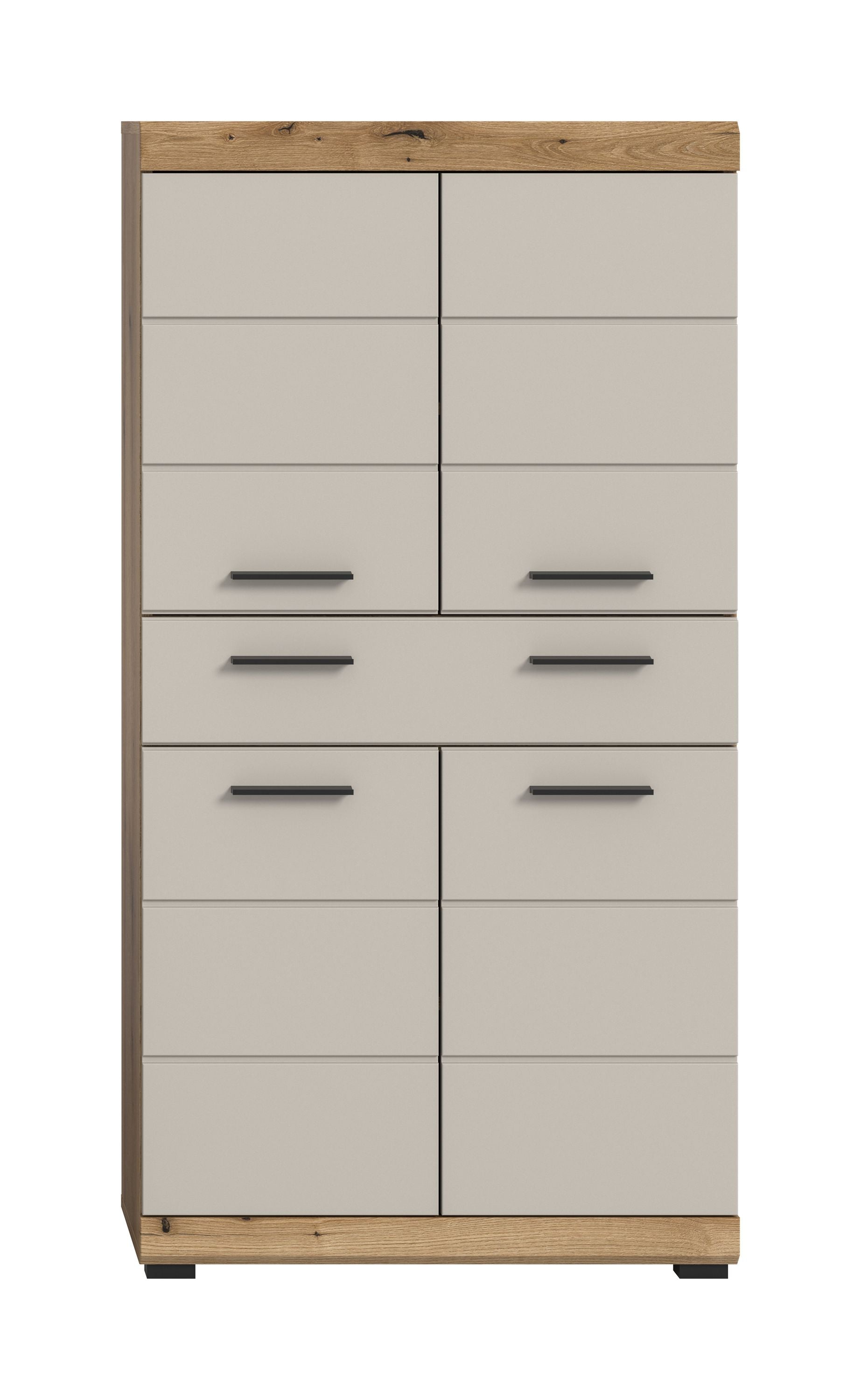 Badhochschrank mit Holzrahmen, hellen Fronttüren und eingelassenen Schubladen