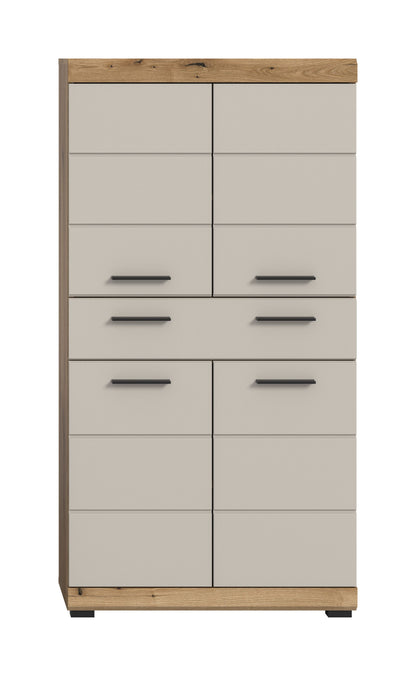 Badhochschrank mit Holzrahmen, hellen Fronttüren und eingelassenen Schubladen