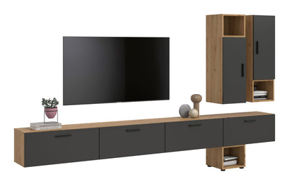 Meuble TV mural THE ONE (L/H/P : env. 300/178/34 cm) en imitation chêne Artisan/vert fumé