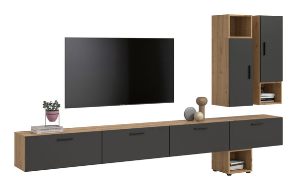 Meuble TV mural THE ONE (L/H/P : env. 300/178/34 cm) en imitation chêne Artisan/vert fumé