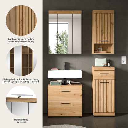 Badezimmerset mit Holzoptik; Detailgrafiken zu Front, Spiegel-Effekt und optionaler Beleuchtung