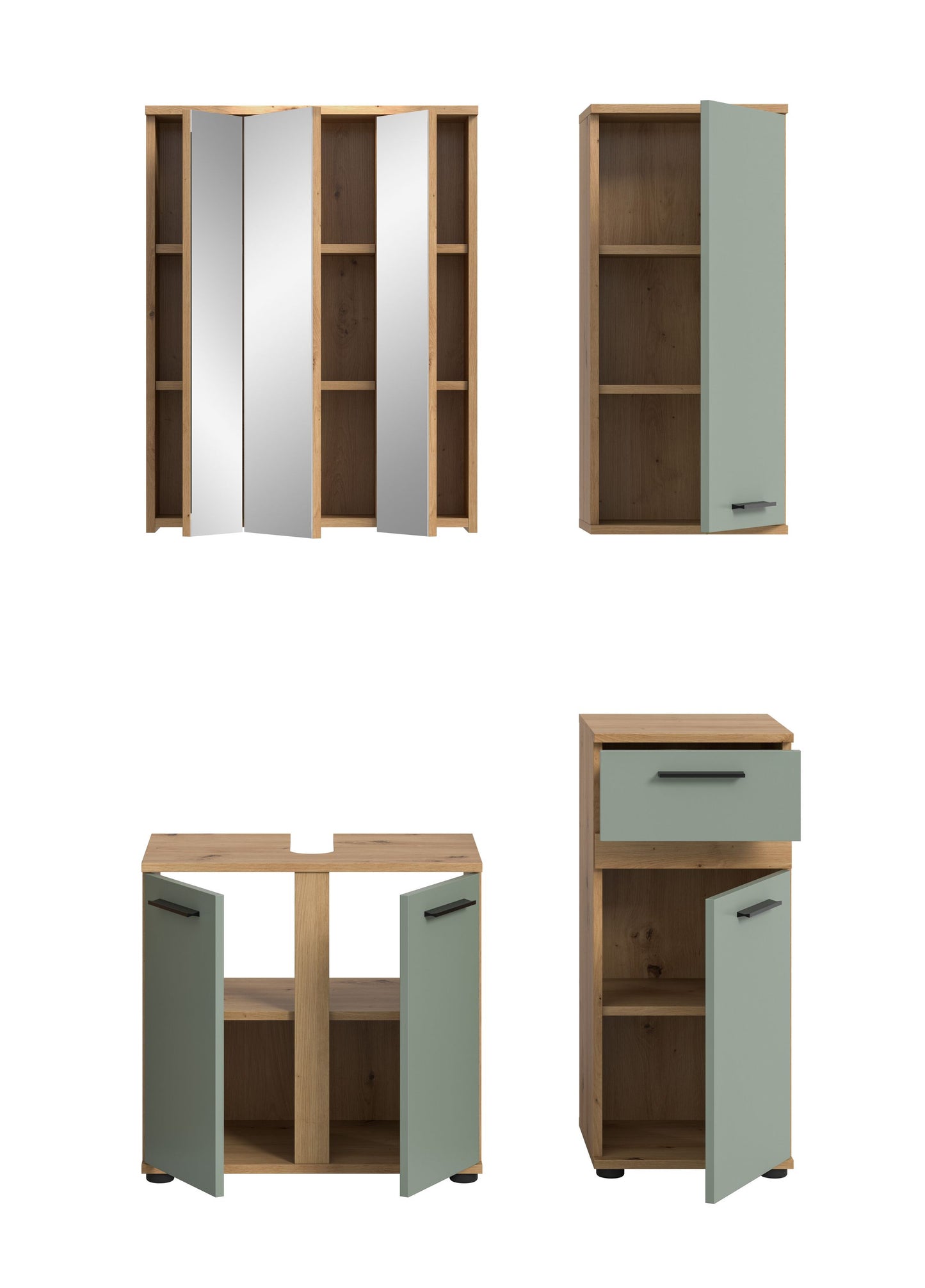 Badmöbel-Set mit Spiegelschrank und Unterschränken, Holzoptik, mintfarbene Fronten, offene Fächer