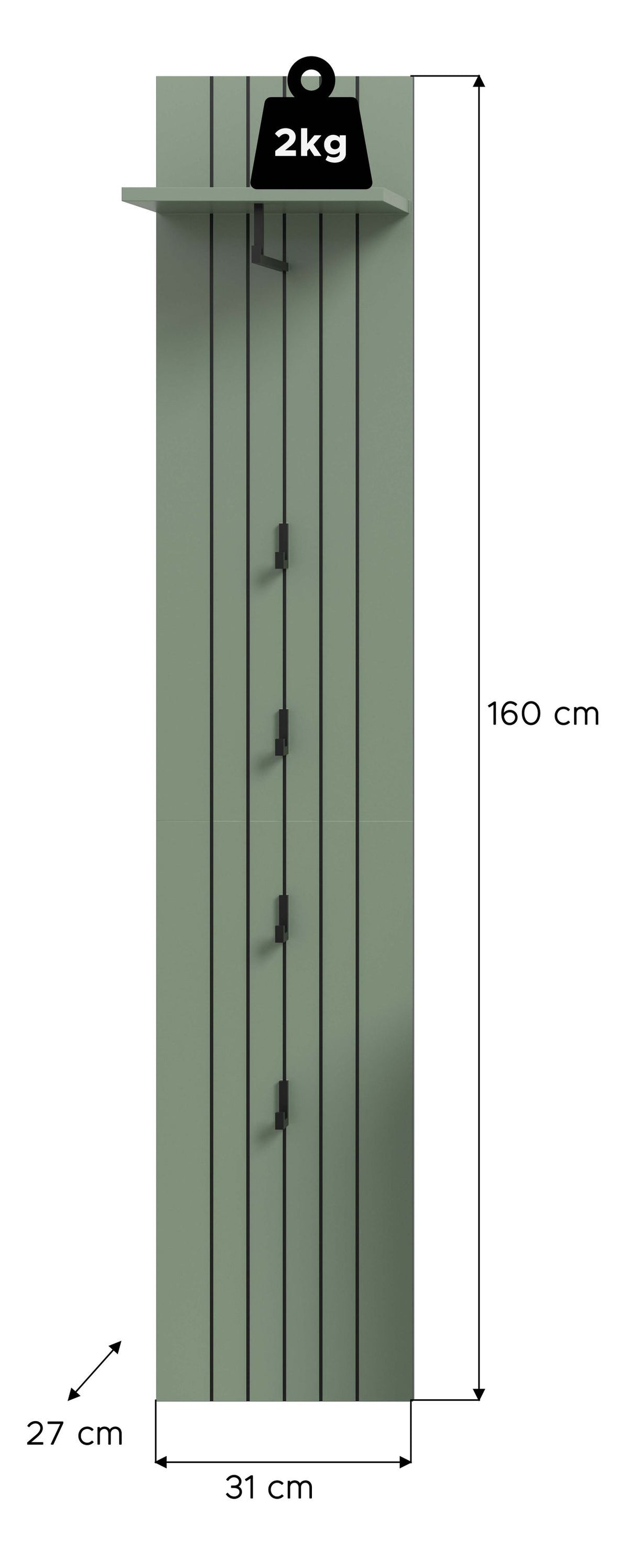Coat Rack Panel STATION (W/H/D: approx. 31/160/27 cm) in Smoke Green/Smoke Green