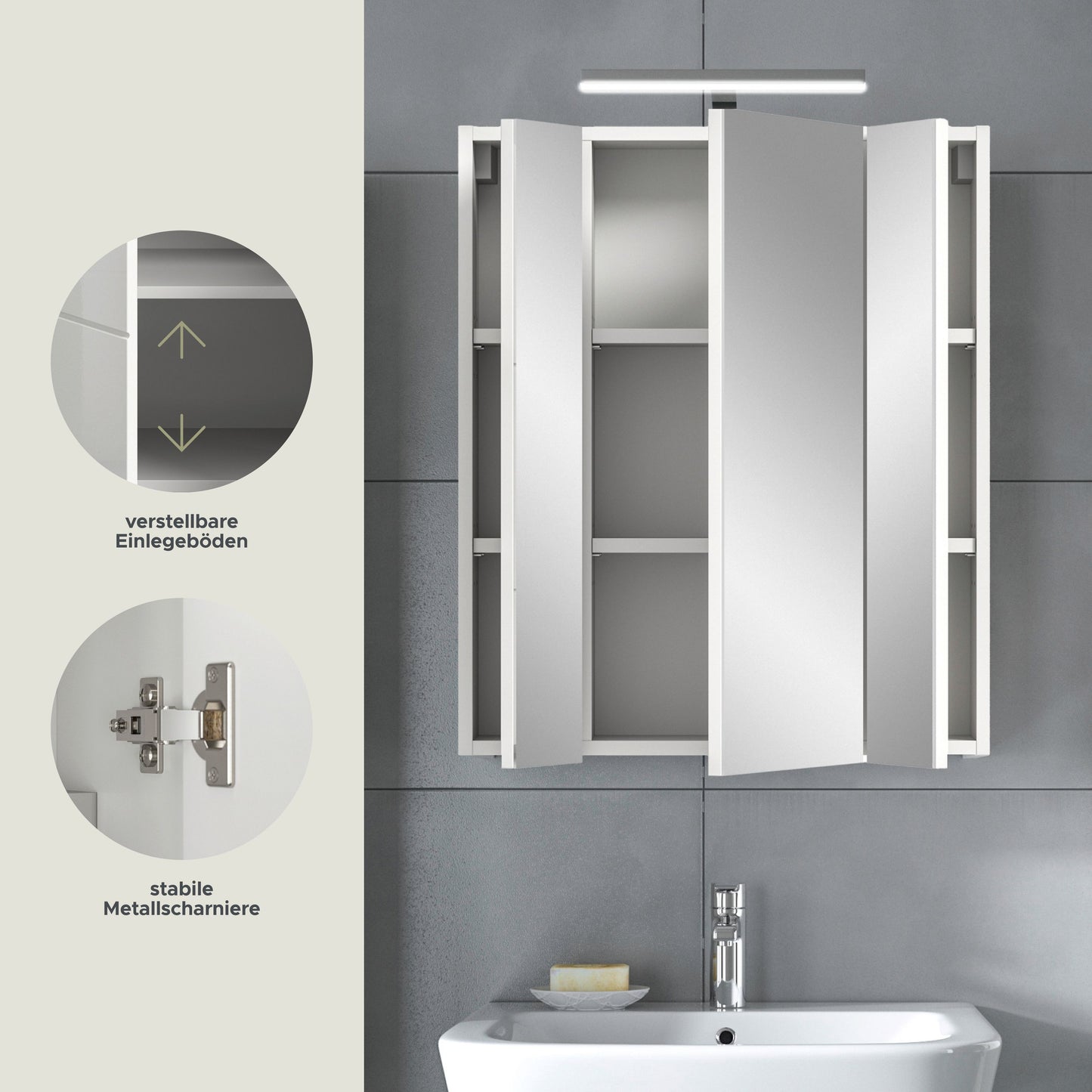 Armoire de toilette avec éclairage LINUS (L/H/P : env. 60/71/19 cm) en noir/verre miroir