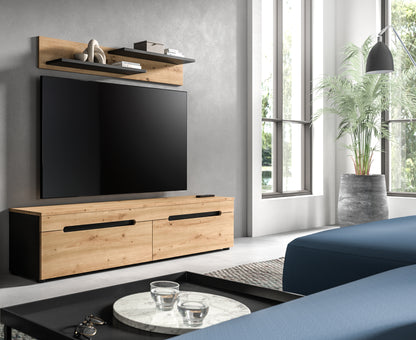 Meuble bas avec étagère murale CANU (L/H/P : env. 170/38/33 cm) en gris basalte/vert fumée