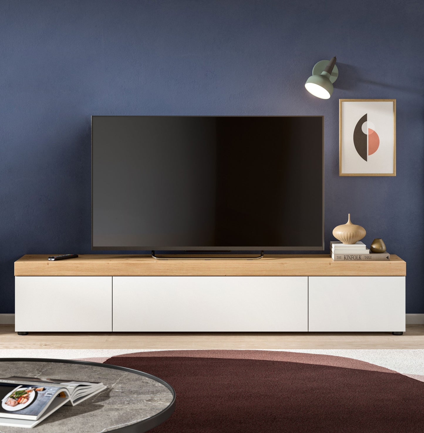 Meuble bas grand RUDA (L/H/P : env. 180/34/33 cm) en blanc/blanc