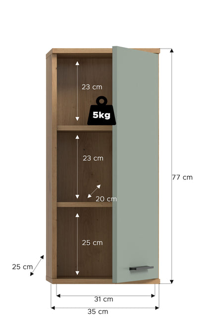 Badezimmer-Hängeschrank mit Maßangaben: 77 cm hoch, 35 cm breit, 25 cm tief