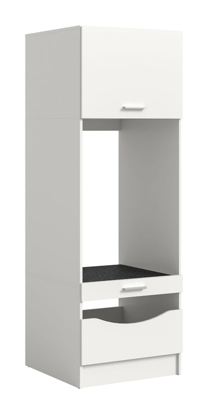 Waschmaschinenschrank in Weiß mit offener Nische und Schublade, obere Griffmulde
