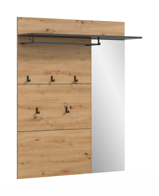 Garderobenpaneel mit Spiegel, Hutablage und Haken, Frontansicht, Holzoptik