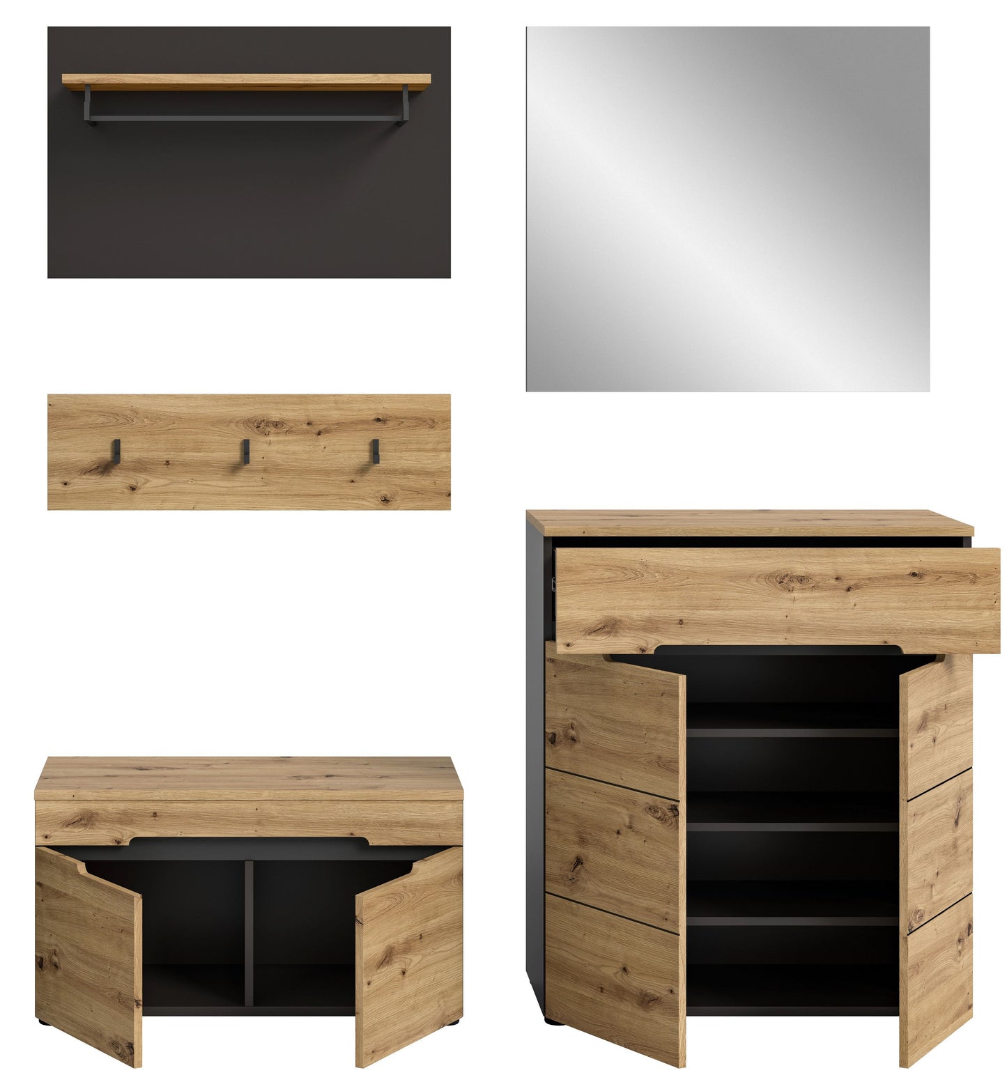 Ensemble de meuble d'entrée CANU (l/h/p : env. 175/190/37 cm) en gris basalte/vert fumée