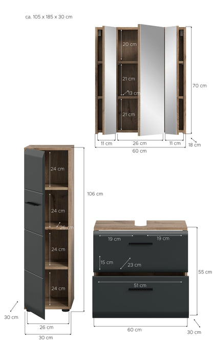 Badmöbel-Set in dunkler Optik mit Größenangaben an Spiegel, Hochschrank und Kommode