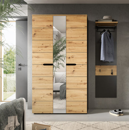Garderobenschrank mit Spiegeltür, Paneel mit Ablage und Haken, helles Holzdekor, Anthrazit
